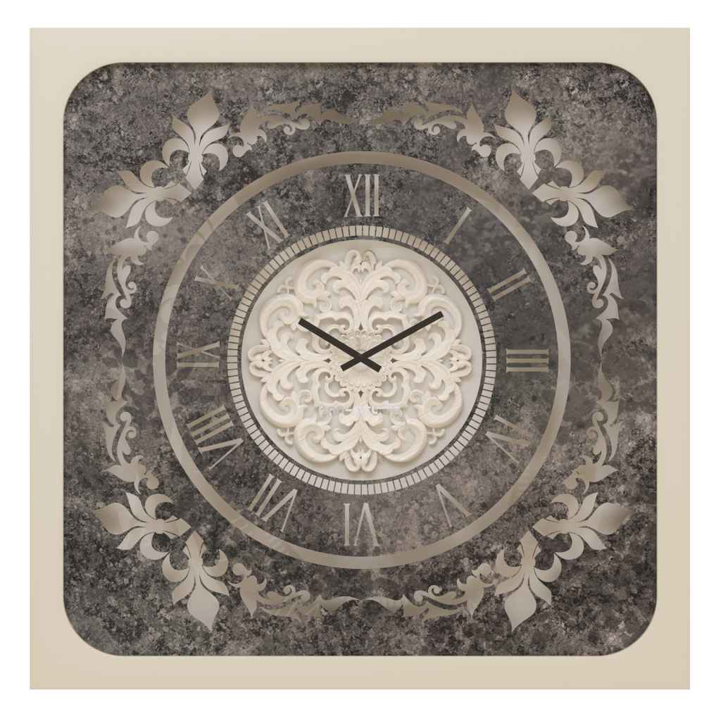 Onn Studio's Square Shell Patina Mirrored Wall Clock with Roman numerals and decoration.