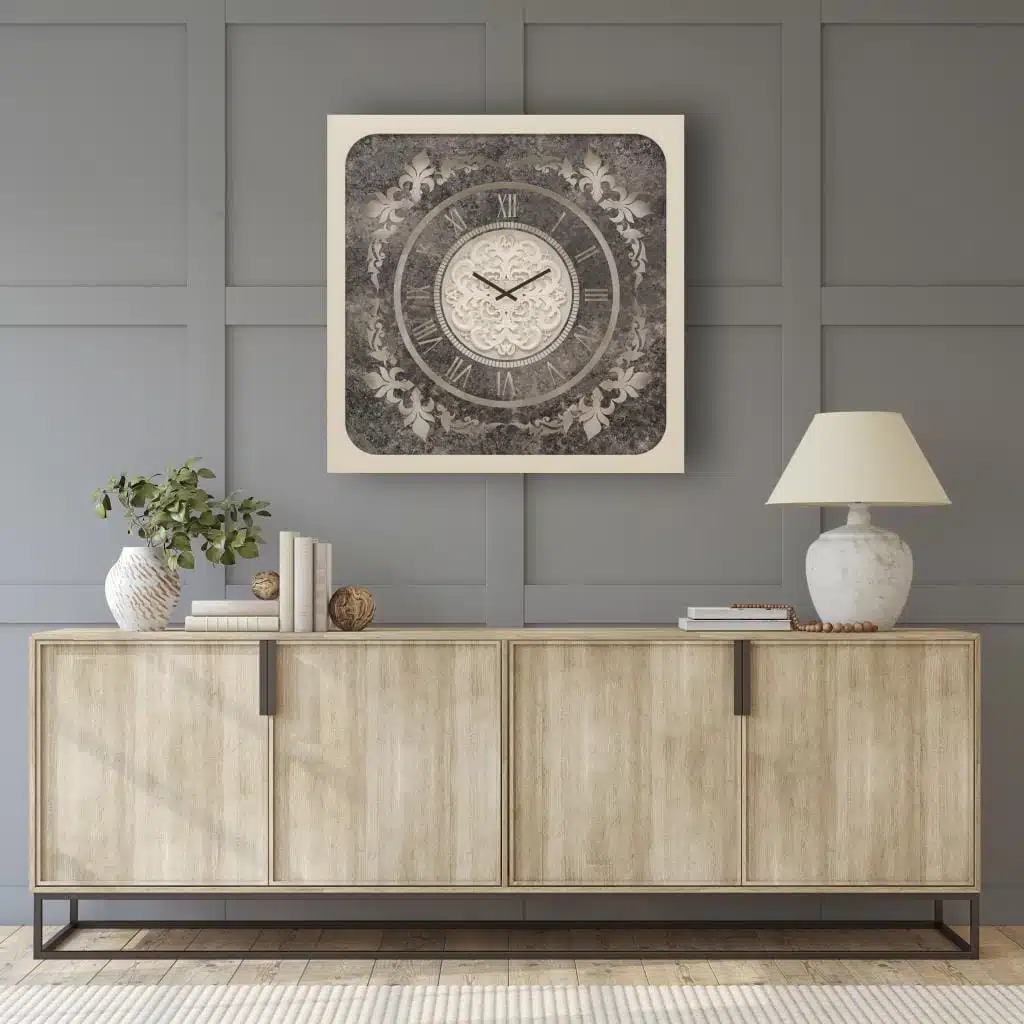 Add a touch of elegance to your living space with our Square Beige Colour Wall Clock featuring Roman Numerals and a Traditional Floral design. This Artisan clock is a true statement piece, handcrafted with care to bring a vintage charm to your home. Its large size and silent movement make it perfect for any room decor, while the Decorative Mirrored accents add a unique touch to this clock. Whether you are looking for an interior design upgrade or a thoughtful housewarming gift, this beautiful piece is sure to impress. Embrace the Boho Wall Art trend with this Retro-inspired clock, creating an aesthetic design that will enhance any space. Don't miss out on this opportunity to add a one-of-a-kind, Handmade Wall Clock to your collection!