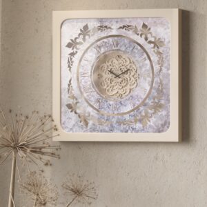 Handmade Roman Numeral Wall Clock with Beige Wooden Frame and Silent Floral Mirror Design