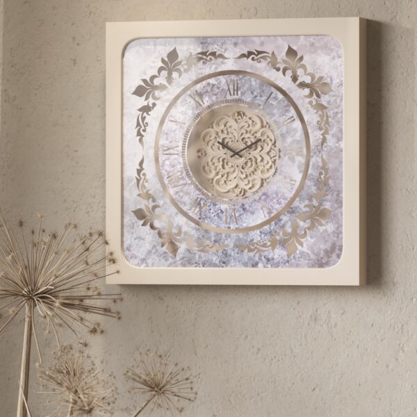 Handmade Roman Numeral Wall Clock with Beige Wooden Frame and Silent Floral Mirror Design