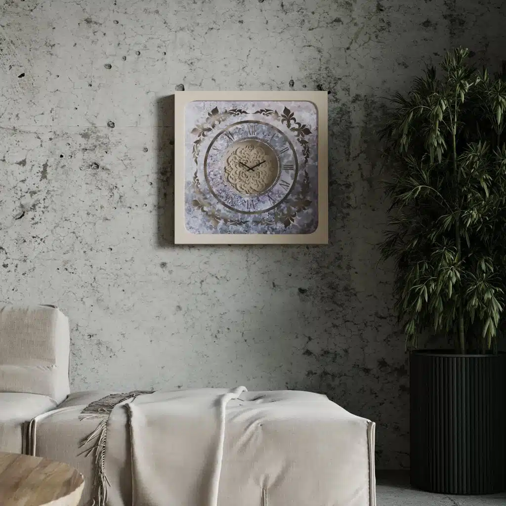Handmade Roman Numeral Wall Clock with Beige Wooden Frame and Silent Floral Mirror Design