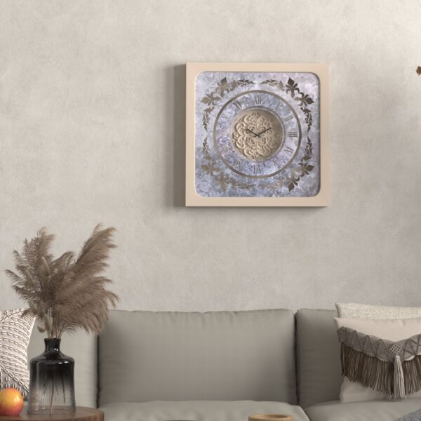 Handmade Roman Numeral Wall Clock with Beige Wooden Frame and Silent Floral Mirror Design