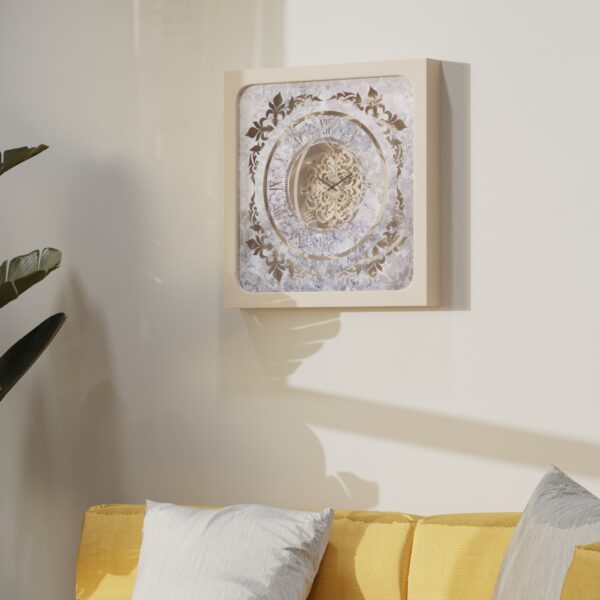 Handmade Roman Numeral Wall Clock with Beige Wooden Frame and Silent Floral Mirror Design