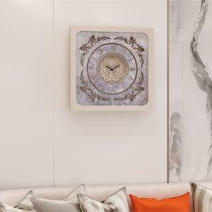 Handmade Roman Numeral Wall Clock with Beige Wooden Frame and Silent Floral Mirror Design