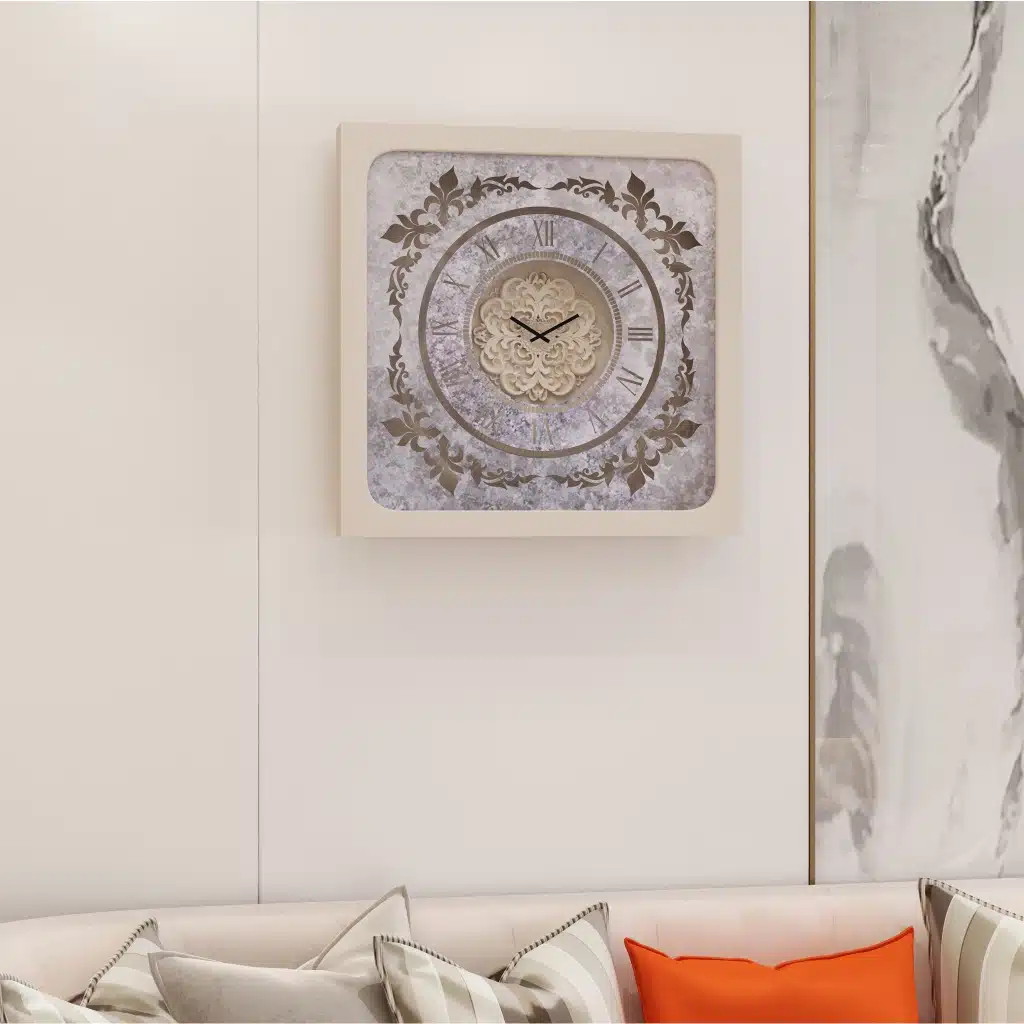 Handmade Roman Numeral Wall Clock with Beige Wooden Frame and Silent Floral Mirror Design