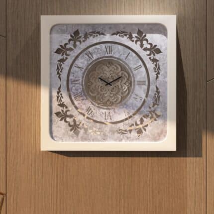 Handmade Roman Numeral Wall Clock with Beige Wooden Frame and Silent Floral Mirror Design