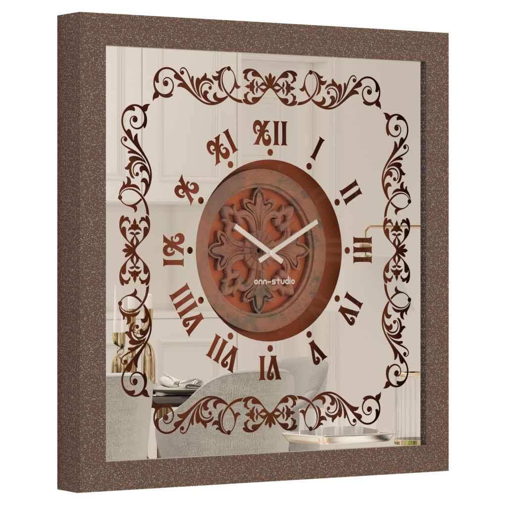 Onn Studio's Square Cuprous Patina Mirrored Wall Clock with Roman numerals and decoration.