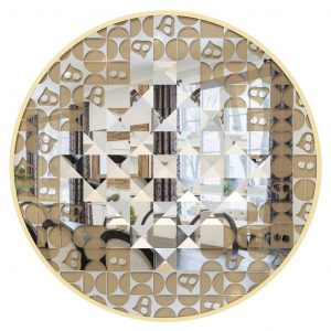 Onn Studio's Round Mosaic Gold Mirror with Persian calligraphy.