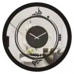 Onn Studio's Round Black Mirrored Wall Clock with Persian numerals and calligraphy.
