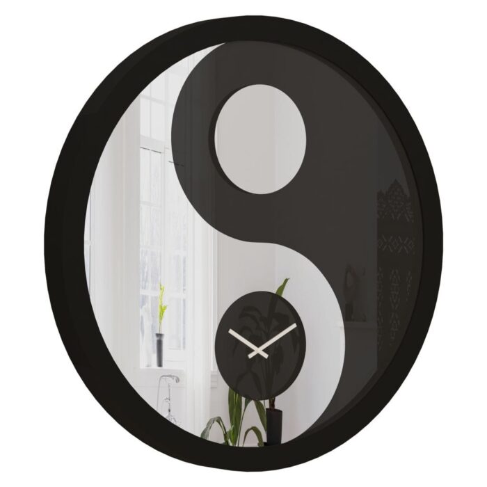 Yin Yang designer wall clock with gray wooden frame and mirrored surface