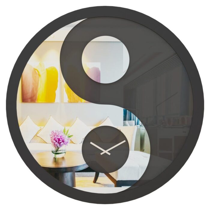 Handmade round mirrored wall clock with Yin Yang design and black wood frame