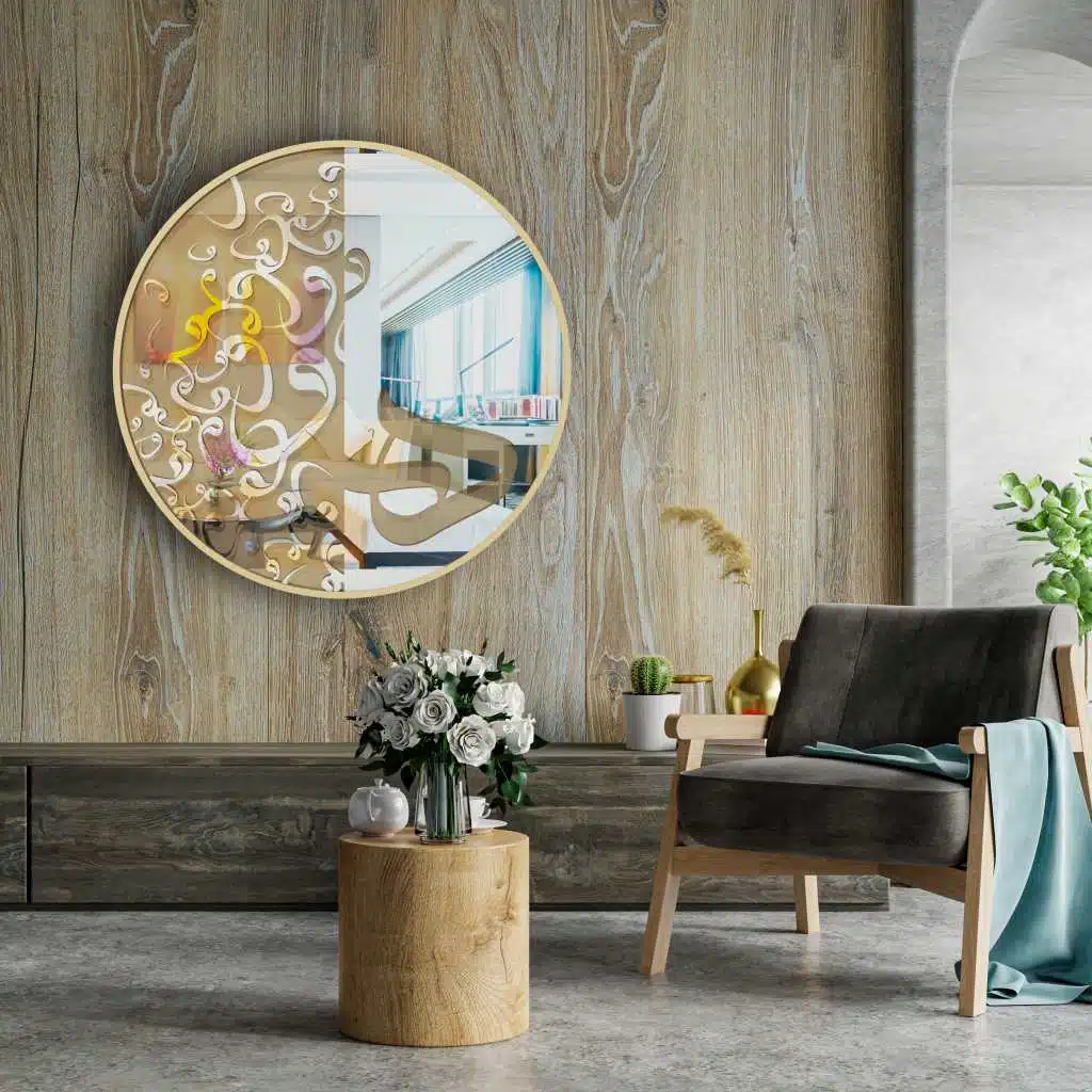 Add a touch of elegance to your living room decor with this exquisite Oriental round mirror. Featuring intricate Persian Islamic calligraphy of Allah (SWT), this modern wall art piece is a stunning addition to any space. The Marakesh mirror design brings a touch of exotic flair, making it a perfect vanity mirror or focal point in your home. Elevate your interior with this unique piece that effortlessly combines style and spirituality.