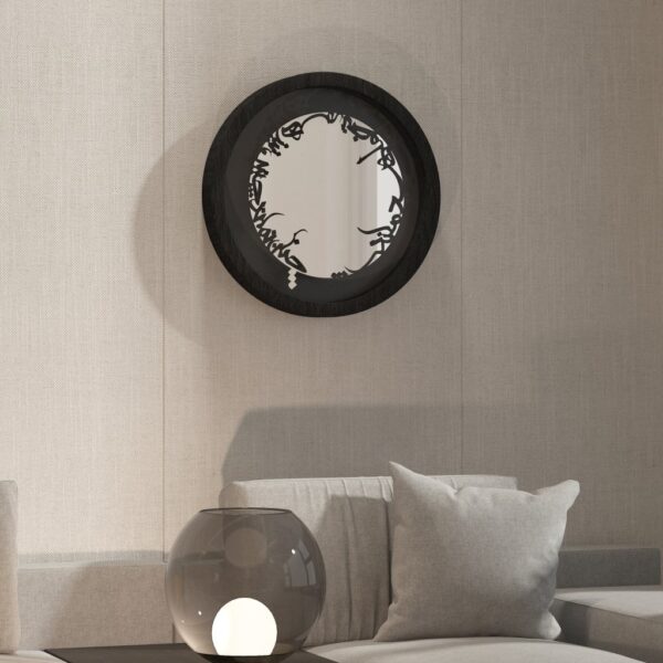 Add a touch of elegance and artistic flair to your space with this traditional round handmade wall mirror. Featuring 5 stunning surrounding colors - black, gray, gold, beige, and walnut - this mirror is a true standout piece. The captivating design element is the Persian calligraphy around the mirror itself, adding a unique and stylish touch. Perfect for vanity, decorative bathroom, or as a large designer entryway mirror, this statement piece is sure to make a brilliant and beautiful addition to any wall. Make a statement with this one-of-a-kind mirror that exudes charm and sophistication.