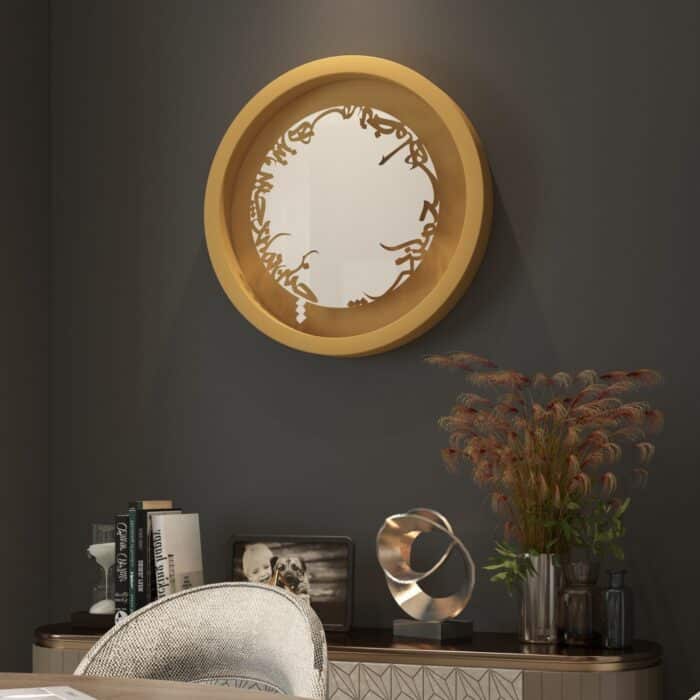 Add a touch of elegance and artistic flair to your space with this traditional round handmade wall mirror. Featuring 5 stunning surrounding colors - black, gray, gold, beige, and walnut - this mirror is a true standout piece. The captivating design element is the Persian calligraphy around the mirror itself, adding a unique and stylish touch. Perfect for vanity, decorative bathroom, or as a large designer entryway mirror, this statement piece is sure to make a brilliant and beautiful addition to any wall. Make a statement with this one-of-a-kind mirror that exudes charm and sophistication.