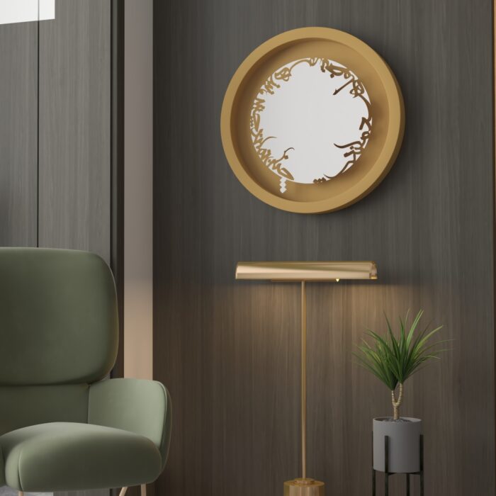 Add a touch of elegance and artistic flair to your space with this traditional round handmade wall mirror. Featuring 5 stunning surrounding colors - black, gray, gold, beige, and walnut - this mirror is a true standout piece. The captivating design element is the Persian calligraphy around the mirror itself, adding a unique and stylish touch. Perfect for vanity, decorative bathroom, or as a large designer entryway mirror, this statement piece is sure to make a brilliant and beautiful addition to any wall. Make a statement with this one-of-a-kind mirror that exudes charm and sophistication.