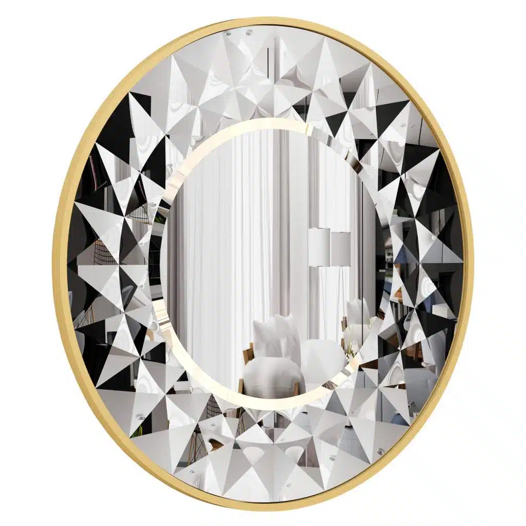 Add a touch of elegance to your space with this stunning Round Large Gold Mirror. This Aesthetic Unique Mirror is perfect for adding a touch of sophistication to any room, whether it's in your bathroom as a stylish Vanity Mirror or in your living room or entryway as a statement piece. The intricate design of this Unique Mirror will catch the eye of anyone who enters your home. Elevate your decor with this exquisite Bathroom Vanity Mirror today.