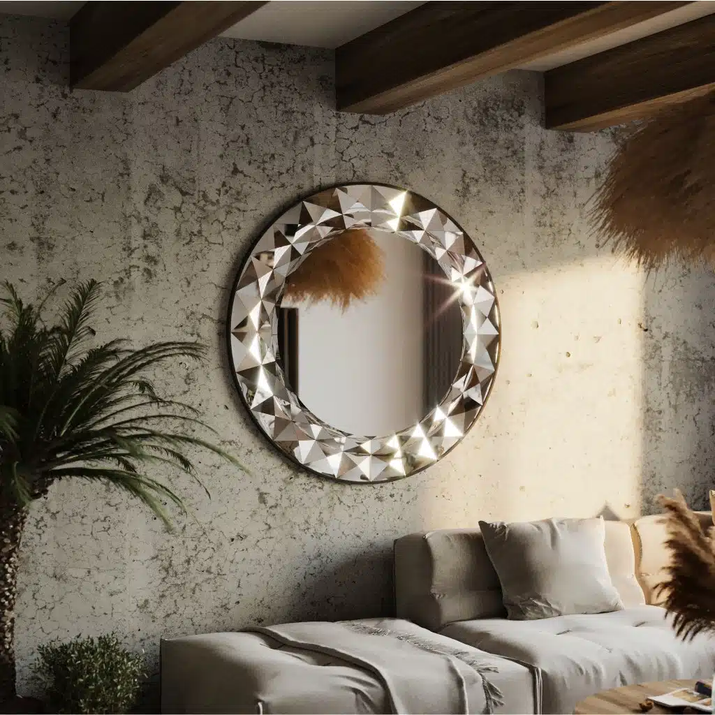 Add a touch of elegance to your living space with this Round Large Gold Mirror. Perfect for adding a glamorous touch to your aesthetic living room decor or sprucing up your bathroom vanity. This unique entryway mirror features a stunning sunburst design, making it a statement piece in any room. Elevate your room decor with this boho wall art that will surely catch the eye of all your guests. Bring style and sophistication to your home with this exquisite gold mirror.