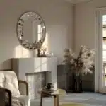 Add a touch of elegance to your living space with this Round Large Gold Mirror. Perfect for adding a glamorous touch to your aesthetic living room decor or sprucing up your bathroom vanity. This unique entryway mirror features a stunning sunburst design, making it a statement piece in any room. Elevate your room decor with this boho wall art that will surely catch the eye of all your guests. Bring style and sophistication to your home with this exquisite gold mirror.