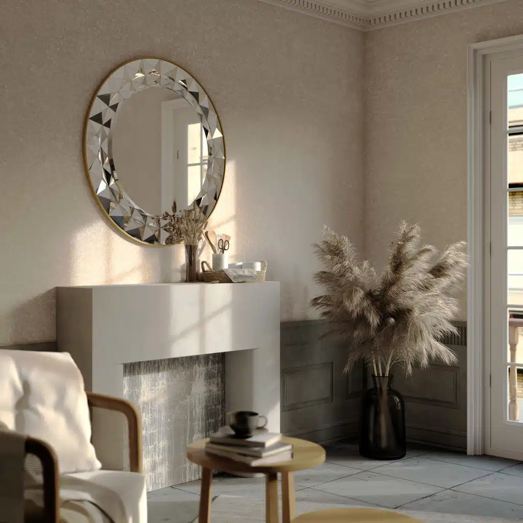 Add a touch of elegance to your living space with this Round Large Gold Mirror. Perfect for adding a glamorous touch to your aesthetic living room decor or sprucing up your bathroom vanity. This unique entryway mirror features a stunning sunburst design, making it a statement piece in any room. Elevate your room decor with this boho wall art that will surely catch the eye of all your guests. Bring style and sophistication to your home with this exquisite gold mirror.