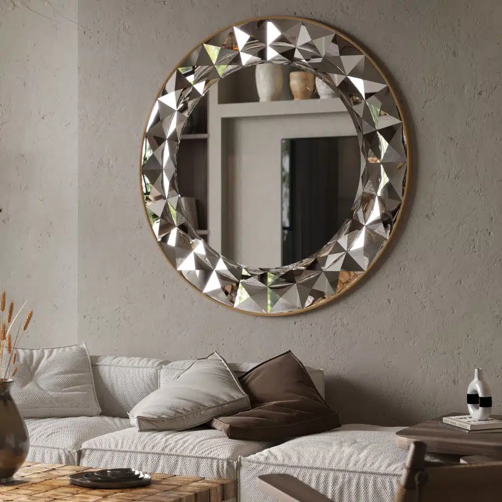 Add a touch of elegance to your living space with this Round Large Gold Mirror. Perfect for adding a glamorous touch to your aesthetic living room decor or sprucing up your bathroom vanity. This unique entryway mirror features a stunning sunburst design, making it a statement piece in any room. Elevate your room decor with this boho wall art that will surely catch the eye of all your guests. Bring style and sophistication to your home with this exquisite gold mirror.