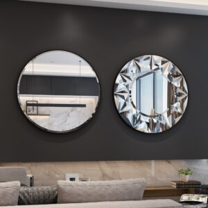 Add a touch of boho flair to your bathroom or living room with this stunning Round Mirror for Bathroom. Inspired by Art Deco design, this sunburst mirror features a unique and aesthetic design that will elevate any space. Perfect for adding a pop of style to your vanity area or as a statement piece on your gallery wall. This Boho Wall Decor piece is sure to be a conversation starter and a standout in your Room Decor collection. Bring a touch of sunshine into your home with this beautiful and unique Vanity Mirror.