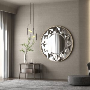 Add a touch of boho charm and art deco flair to your space with this stunning Round Mirror for Bathroom. This unique piece features an intricate sunburst design, making it a striking focal point for any room. Whether you're looking to elevate your vanity area or add a stylish accent to your living room decor, this Aesthetic Design Wall Mirror is sure to impress. Enhance your home with this one-of-a-kind Boho Wall Decor that effortlessly combines style and functionality.