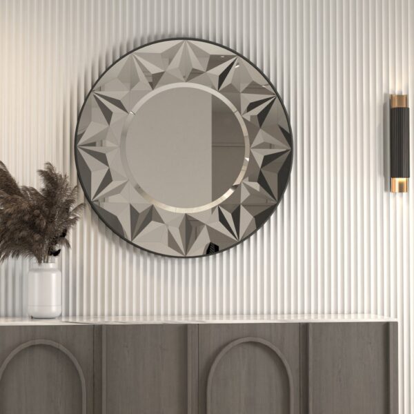 Add a touch of boho flair to your bathroom or living room with this stunning Round Mirror for Bathroom. Inspired by Art Deco design, this sunburst mirror features a unique and aesthetic design that will elevate any space. Perfect for adding a pop of style to your vanity area or as a statement piece on your gallery wall. This Boho Wall Decor piece is sure to be a conversation starter and a standout in your Room Decor collection. Bring a touch of sunshine into your home with this beautiful and unique Vanity Mirror.