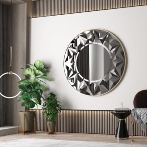 Add a touch of boho flair to your bathroom or living room with this stunning Round Mirror for Bathroom. Inspired by Art Deco design, this sunburst mirror features a unique and aesthetic design that will elevate any space. Perfect for adding a pop of style to your vanity area or as a statement piece on your gallery wall. This Boho Wall Decor piece is sure to be a conversation starter and a standout in your Room Decor collection. Bring a touch of sunshine into your home with this beautiful and unique Vanity Mirror.