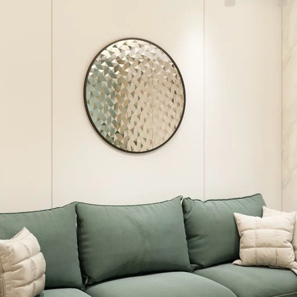 Add a touch of elegance to your living space with this Unique Decorative Round Mirror. Perfect for living room décor, a bathroom vanity mirror, or as a striking wall accent in any room of your home. Handmade with high-quality wood, this mirror features an aesthetic design that will elevate your interior design. It serves as a statement piece that will enhance the overall look of your room decor. Make a bold style statement with this eye-catching round mirror!