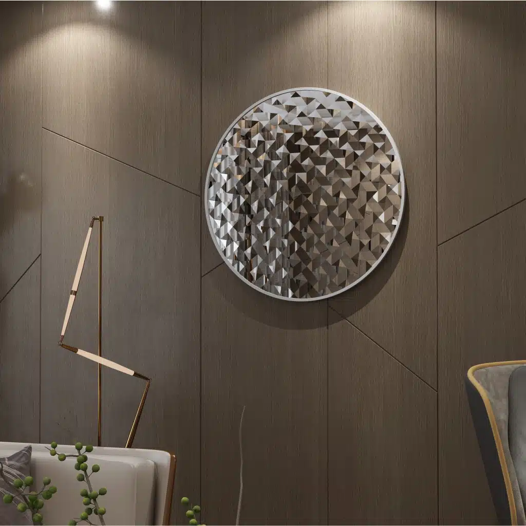 Elevate your space with this Unique Decorative Round Mirror, a stunning addition to your living room décor or bathroom vanity. Handmade with exquisite craftsmanship using high-quality wood, this mirror exudes an aesthetic design that will beautifully complement any interior style. Its eye-catching circular shape makes it a statement piece, perfect for adding a touch of elegance to your walls. Whether used as a wall accent or room decor, this mirror is sure to enhance your interior design with its timeless appeal.