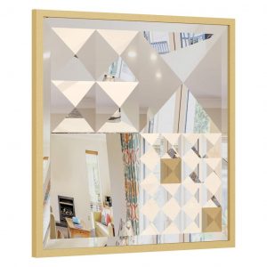 Add a touch of modern elegance to your home decor with this stunning square asymmetrical mirror. Handmade with an aesthetic design, this boho style wall mirror features a unique combination of gold and black, adding a chic and luxurious look to any space. Perfect for a bathroom vanity or as a statement piece in the living room, this piece of wall art doubles as a practical and stylish addition to your home. Whether you're looking for a housewarming gift or simply want to elevate your room decor, this elegant mirror is sure to impress with its one-of-a-kind design.