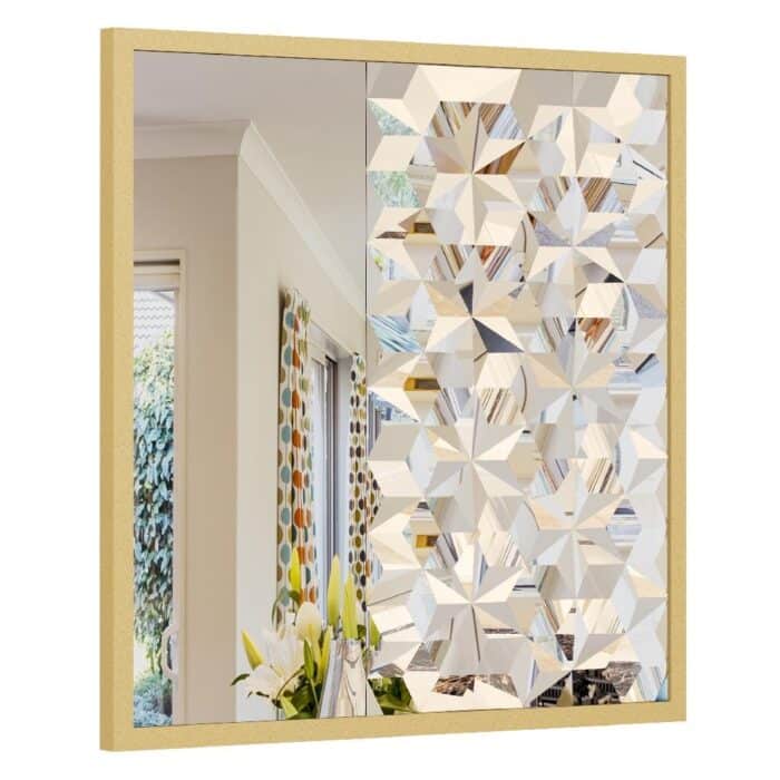 Add a touch of boho charm and elegant design to your living space with this stunning square asymmetrical mirror. This handmade wall mirror beautifully combines black and gold accents to create a unique and eye-catching piece of wall art. Perfect for adding a chic touch to your bathroom vanity or as a stylish housewarming gift for a friend. Elevate your room decor with this aesthetic and sophisticated addition that will surely become a conversation starter in any room.