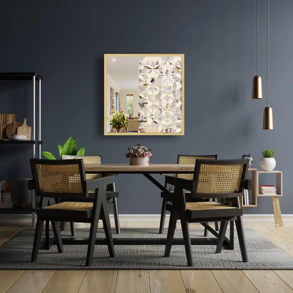 Add a touch of boho charm and elegant design to your living space with this stunning square asymmetrical mirror. This handmade wall mirror beautifully combines black and gold accents to create a unique and eye-catching piece of wall art. Perfect for adding a chic touch to your bathroom vanity or as a stylish housewarming gift for a friend. Elevate your room decor with this aesthetic and sophisticated addition that will surely become a conversation starter in any room.