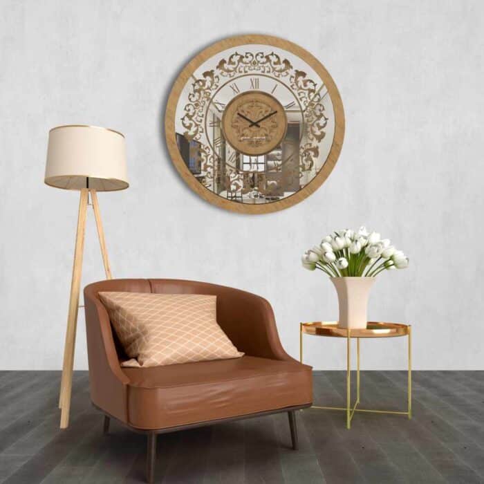 Add a touch of timeless elegance to your space with this stunning Gold Khaki color Wall Clock. The Patina frame exudes vintage charm, while the Large design makes it a perfect statement piece for your kitchen or living room. This Unique Wall Clock features Roman Numerals on a Round face, adding a classic touch to its Retro design. The Curved wood centre complements the Antique aesthetic, creating a one-of-a-kind look that is sure to impress. With its silent mechanism, this Oversized Clock is not only stylish but functional, providing a quiet addition to any room. Elevate your decor with this Big Wall Clock that effortlessly blends style and sophistication. Perfect for Kitchen Wall Clocks or Wall Clocks for Living Room, this Gold Wall Clock is a must-have for those who appreciate exceptional design.