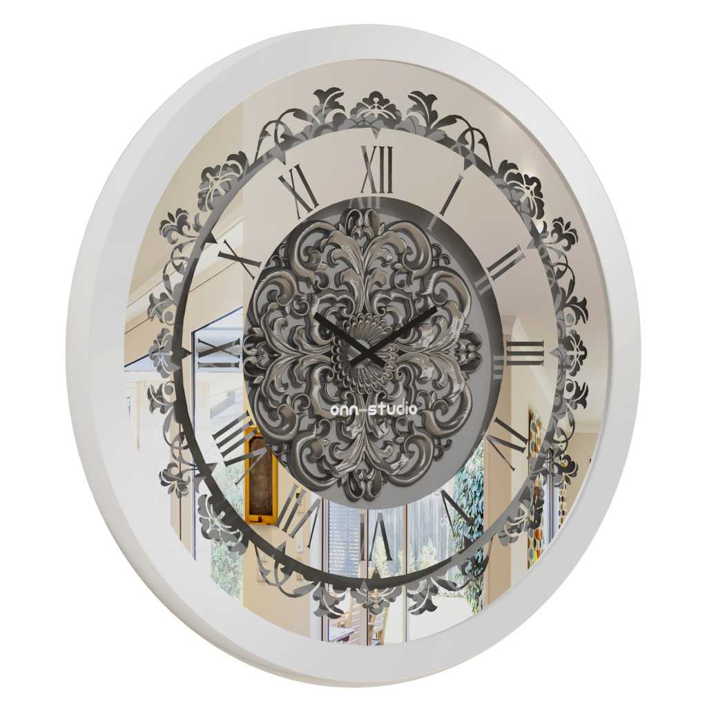 Onn Studio's Round Plain Silver Mirrored Wall Clock with Roman numerals and decoration.