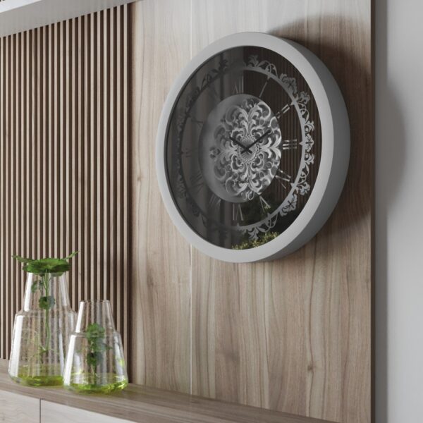 Add a touch of vintage charm to your living space with this stunning Silver Color Round Wall Clock. Featuring elegant Roman Numerals, a Curved Wood Center, and an Antique finish, this Large Wall Clock is perfect for adding a unique touch to your kitchen or living room decor. Whether you need a statement piece with this Oversized Wall Clock or a simple timepiece with this Silent Wall Clock, this Retro-inspired design is sure to impress. Don't miss out on this must-have item for anyone seeking a blend of classic and contemporary style!