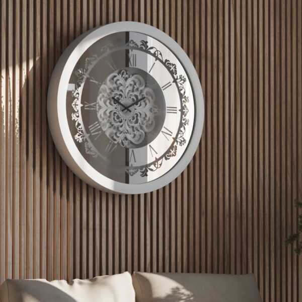 Add a touch of vintage charm to your living space with this stunning Silver Color Round Wall Clock. Featuring elegant Roman Numerals, a Curved Wood Center, and an Antique finish, this Large Wall Clock is perfect for adding a unique touch to your kitchen or living room decor. Whether you need a statement piece with this Oversized Wall Clock or a simple timepiece with this Silent Wall Clock, this Retro-inspired design is sure to impress. Don't miss out on this must-have item for anyone seeking a blend of classic and contemporary style!