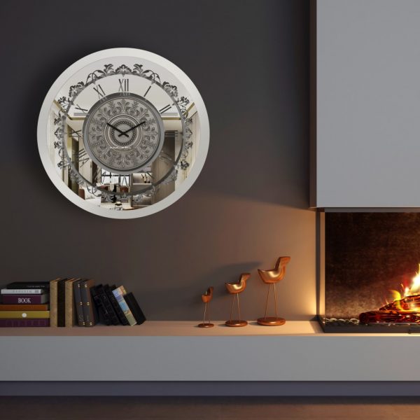 This oversized antique wall clock in silver color is a stunning addition to any home decor, perfect for your living room or kitchen. Featuring roman numerals on a round clock face, this unique timepiece exudes vintage charm. The curved wood center adds a touch of elegance, while the silent mechanism ensures a peaceful environment. This large wall clock is not only a functional piece but also a stylish statement that will enhance the ambiance of any room. Add a touch of retro flair with this beautifully crafted wall clock that is sure to impress guests and visitors alike.