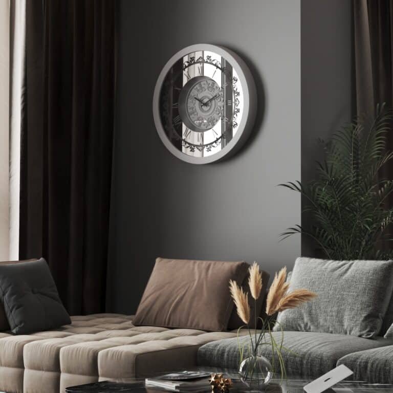Silver Wall Clock with Roman Numerals - Living Room Décor - Merit Home
