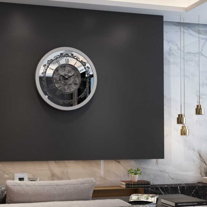 A wall-mounted clock displaying the time, featuring a classic design and clear numerals for easy readability.