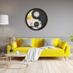 Handmade round mirrored wall clock with Yin Yang design and black wood frame