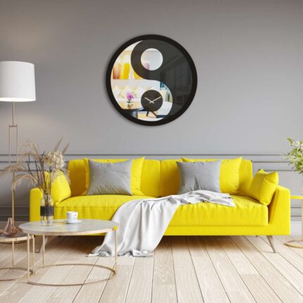 Handmade round mirrored wall clock with Yin Yang design and black wood frame