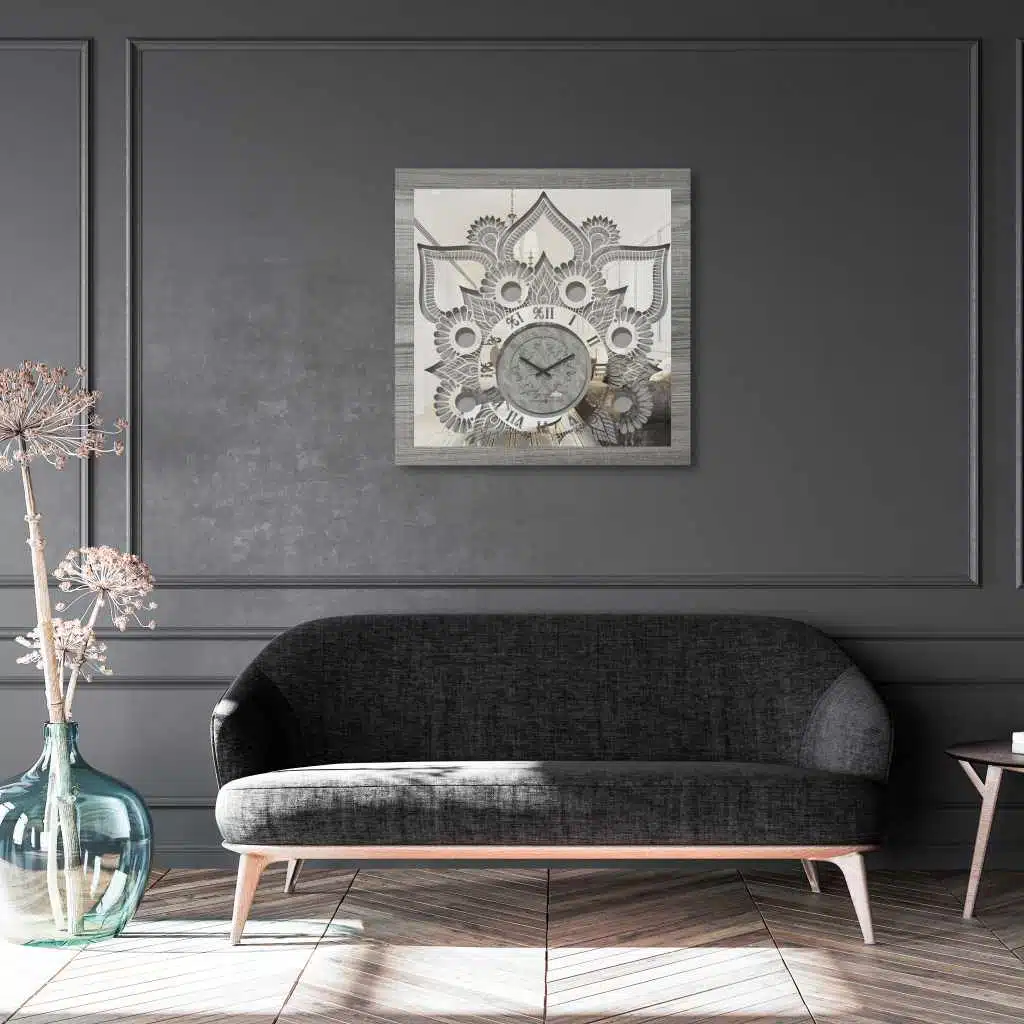 Introducing our exquisite Roman Numeral Wall Clock, the perfect statement piece for your living room decor. This chic vintage-inspired square wall clock in a stunning silver patina finish exudes elegance and sophistication. Its unique design adds a touch of luxury to any space, making it a must-have for those who appreciate chic home decor. Upgrade your living room with this stylish yet functional wall art that is sure to impress guests and elevate the ambiance of your home.