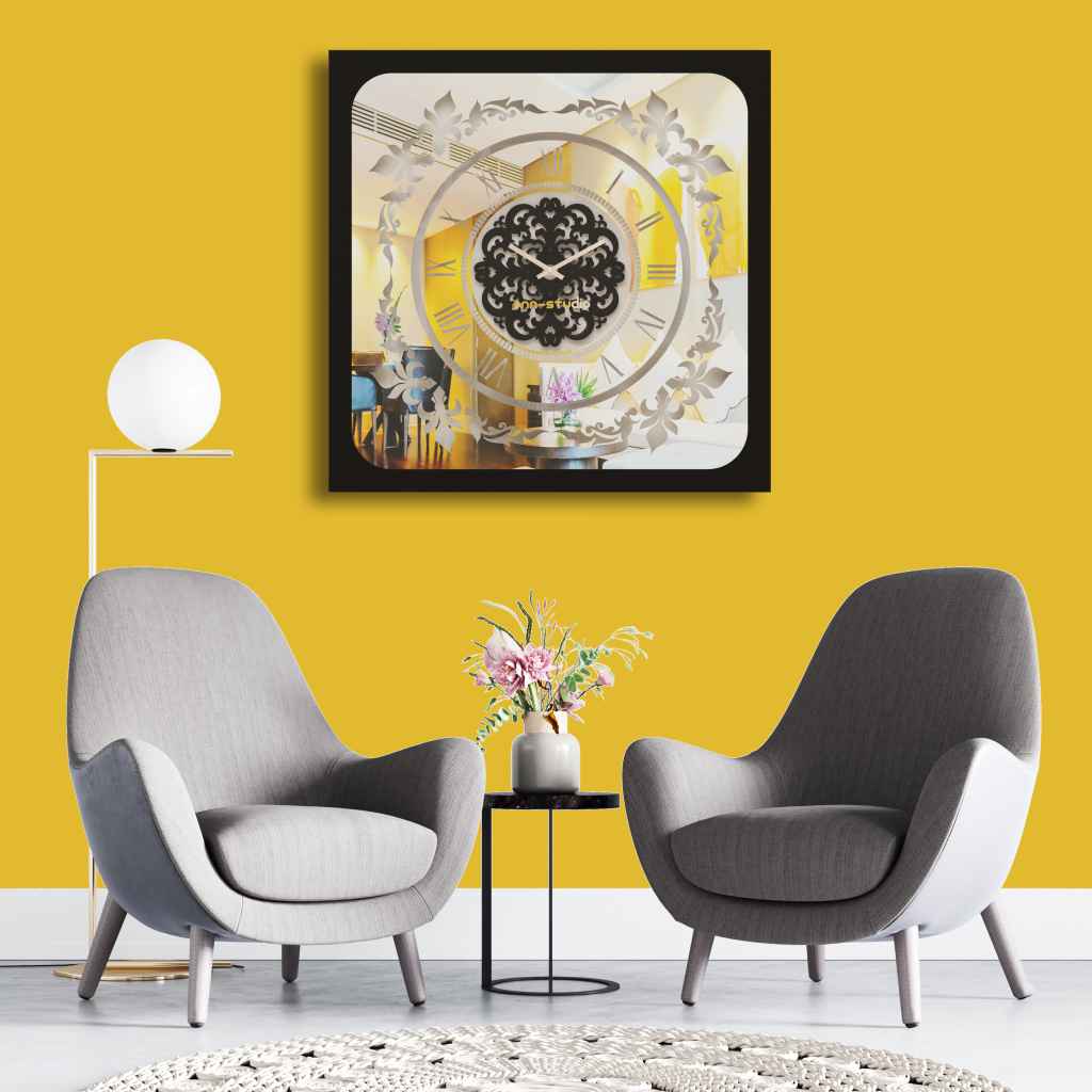 Square black mirrored wall clock hanging in a yellow and grey living room.