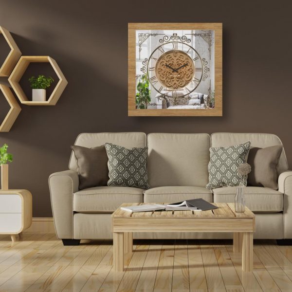 Enhance your home decor with this stunning Gold Khaki color Wall Clock featuring a Patina frame and a unique square design. This Large Wall Clock is perfect for adding a touch of elegance to your kitchen or living room. Its oversized silhouette makes it a focal point in any space, while the silent mechanism ensures a peaceful atmosphere. The Vintage and Retro vibes of this Antique Wall Clock are complemented by Roman Numerals and a curved wood center, adding a timeless charm to your interior. Don't miss out on this Big and Luxury piece that is sure to impress anyone who lays eyes on it!