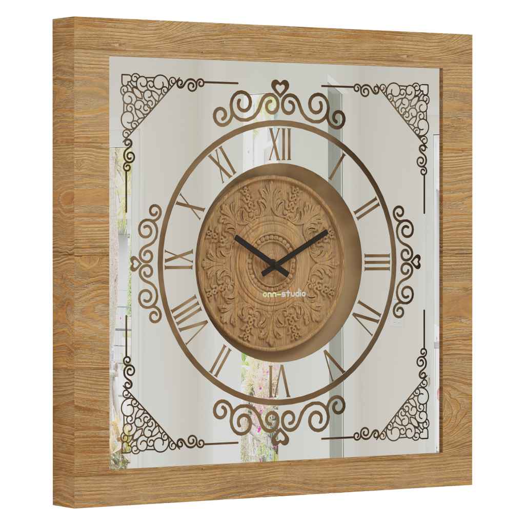 Onn Studio's Square Antique Gold Patina Mirrored Wall Clock with Roman numerals and decoration.