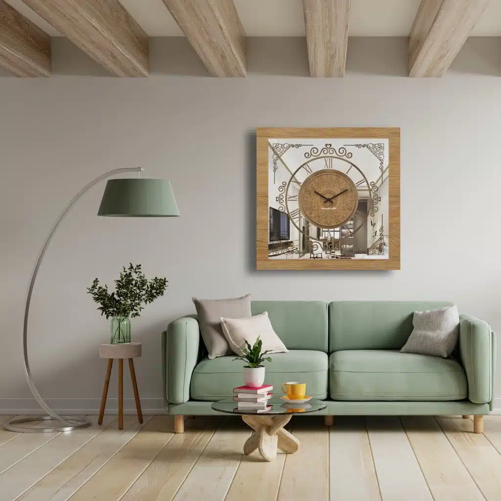 Enhance your home decor with this stunning Gold Khaki color Wall Clock featuring a Patina frame and a unique square design. This Large Wall Clock is perfect for adding a touch of elegance to your kitchen or living room. Its oversized silhouette makes it a focal point in any space, while the silent mechanism ensures a peaceful atmosphere. The Vintage and Retro vibes of this Antique Wall Clock are complemented by Roman Numerals and a curved wood center, adding a timeless charm to your interior. Don't miss out on this Big and Luxury piece that is sure to impress anyone who lays eyes on it!
