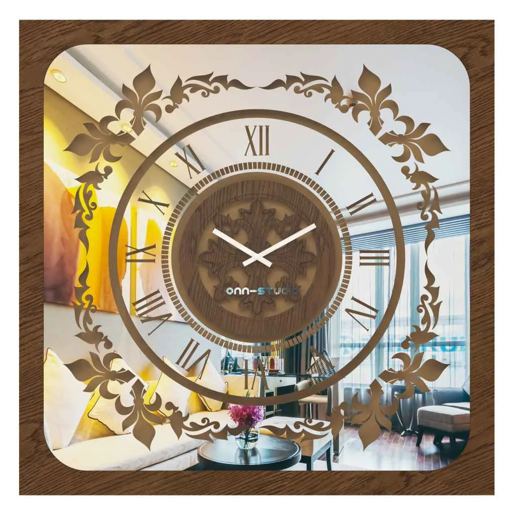 Enhance the charm of your living space with this stunning Walnut color Wall Clock featuring a Patina frame that adds a touch of vintage elegance. The Curved Wood Center adds a unique touch to this Large Wall Clock, making it a perfect statement piece for your kitchen or living room. This Oversized Wall Clock is not just functional but also adds a stylish flair to your decor. With its Antique-inspired design, including Roman Numerals and a beautiful gold finish, this Silent Wall Clock is a blend of timeless appeal and modern simplicity. Don't miss out on this distinctive piece that exudes Retro vibes and is sure to become a conversation starter in any room!