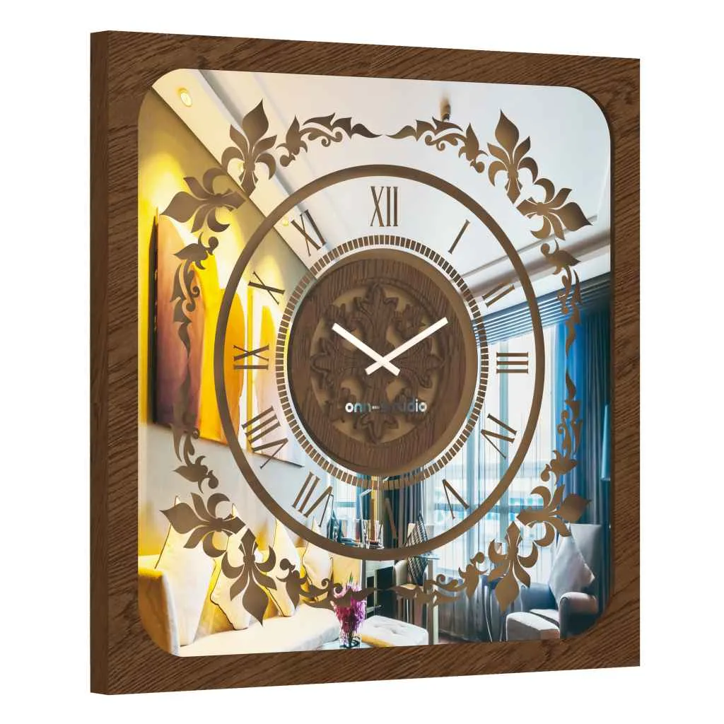 Enhance the charm of your living space with this stunning Walnut color Wall Clock featuring a Patina frame that adds a touch of vintage elegance. The Curved Wood Center adds a unique touch to this Large Wall Clock, making it a perfect statement piece for your kitchen or living room. This Oversized Wall Clock is not just functional but also adds a stylish flair to your decor. With its Antique-inspired design, including Roman Numerals and a beautiful gold finish, this Silent Wall Clock is a blend of timeless appeal and modern simplicity. Don't miss out on this distinctive piece that exudes Retro vibes and is sure to become a conversation starter in any room!