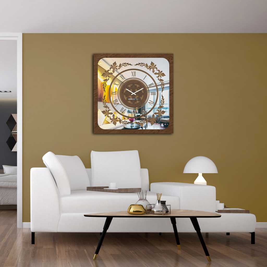 Square walnut mirrored wall clock hanging in a dark gold room.